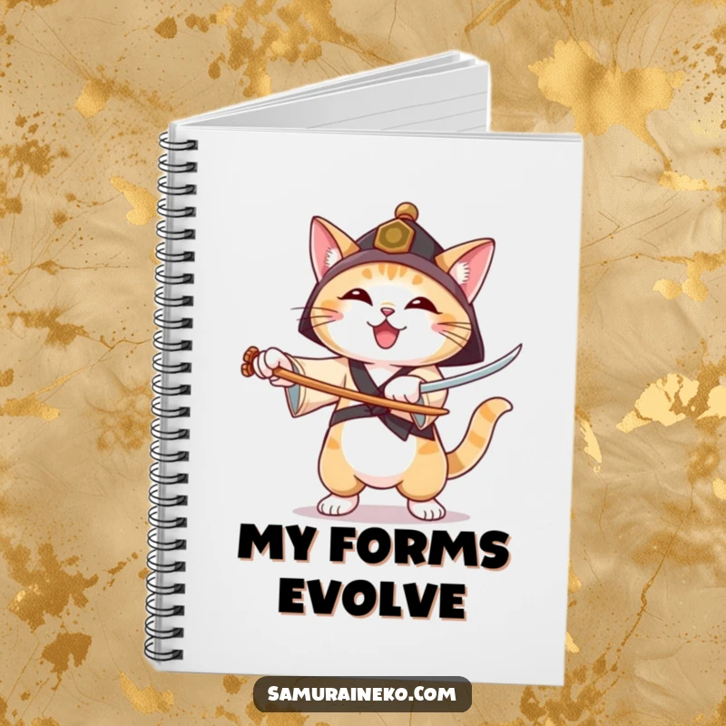 Funny notebook with a cat in a ronin hat practicing sword forms, ideal for jotting down notes with joyful focus.