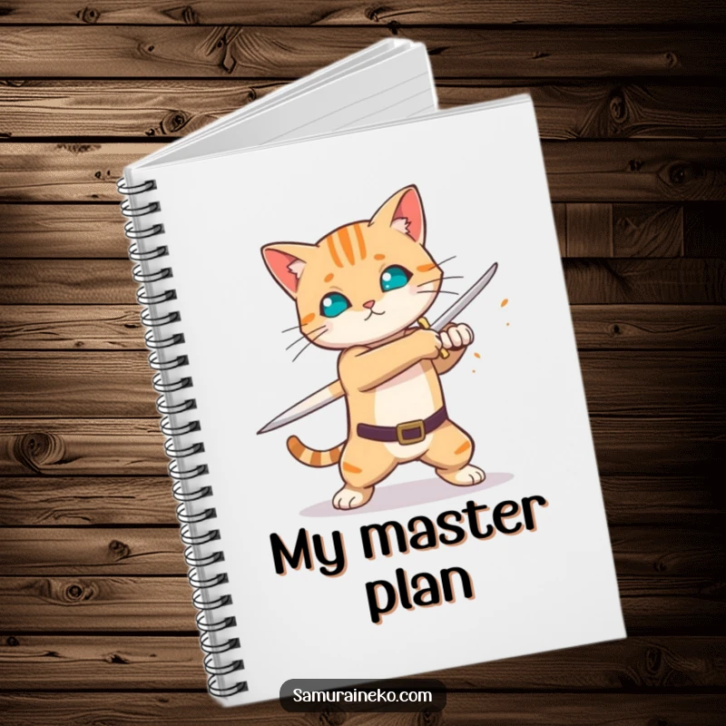Funny cat practicing sword swing, sparks flying, lined notebook, perfect funny gift for planners.