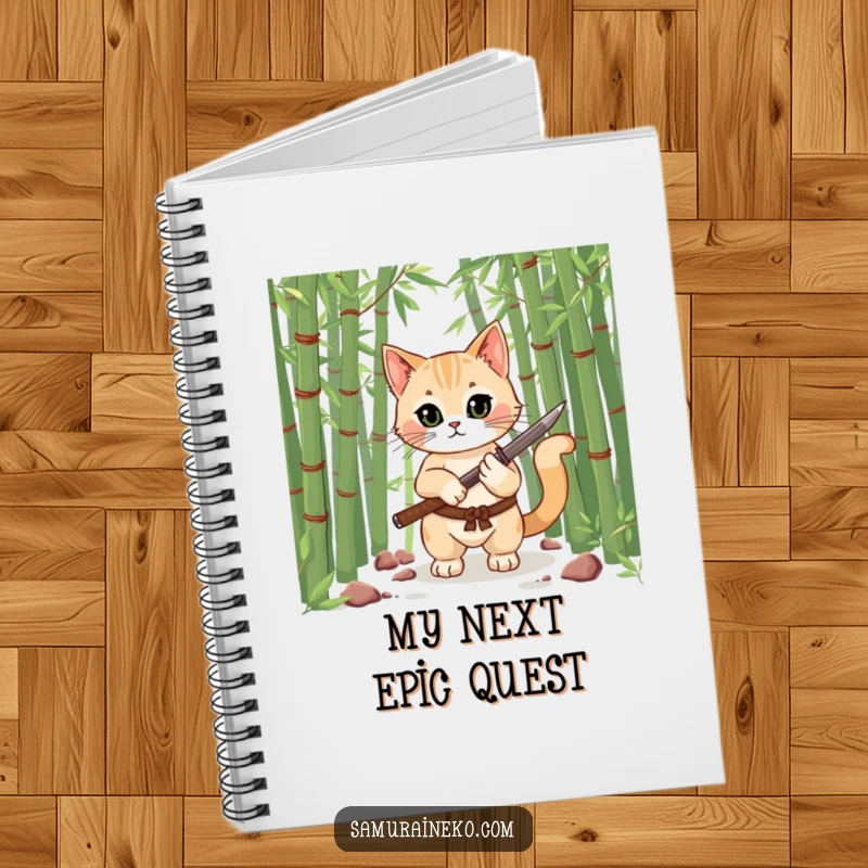 Funny notebook with a cat warrior in a bamboo forest, clutching a miniature katana, ready to record adventures or daily musings.