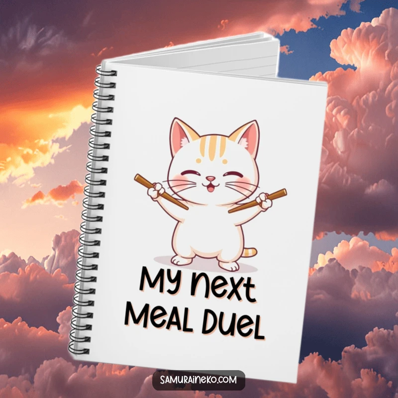 Funny Cat Notebook: A cat smiles while holding chopsticks like swords, ready to write.