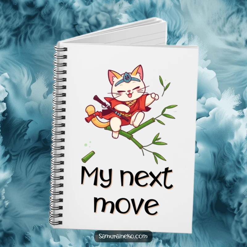 Funny cat samurai design on a notebook cover, leaping over bamboo, a great funny gift.