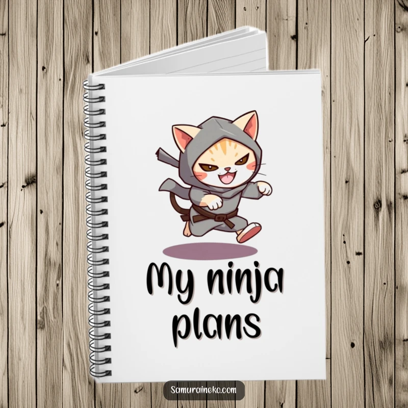 Funny Cat Ninja Notebook featuring a cat ninja leaping from shadows with a mischievous grin, perfect for jotting down plans.
