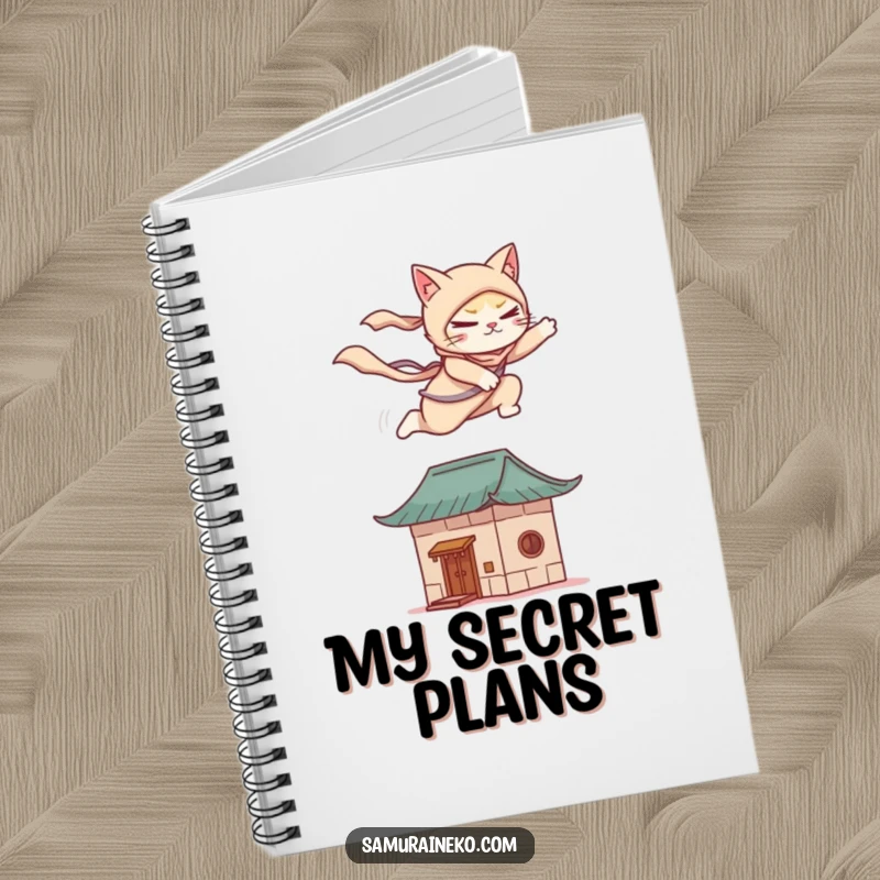 Funny notebook with a cat ninja gracefully leaping onto a stylized rooftop, great for jotting down stealthy and humorous thoughts.