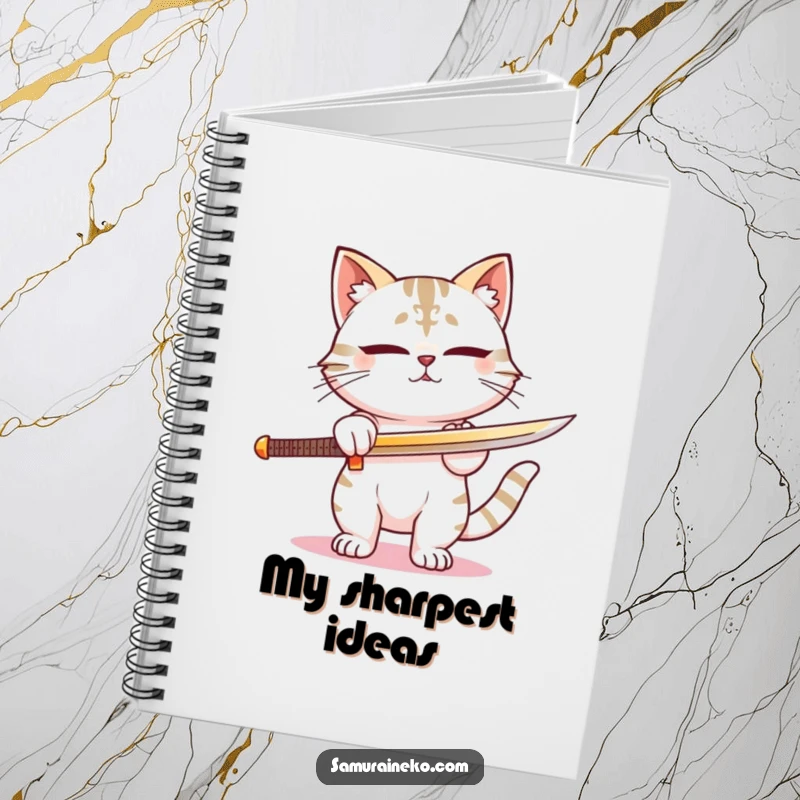 Funny notebook featuring a cat samurai sharpening its sword with deep concentration and a peaceful expression. A funny gift for writers.