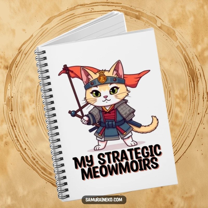 Funny Samurai Cat Notebook with a dramatic warrior cat posing heroically, ready to inspire your written adventures.