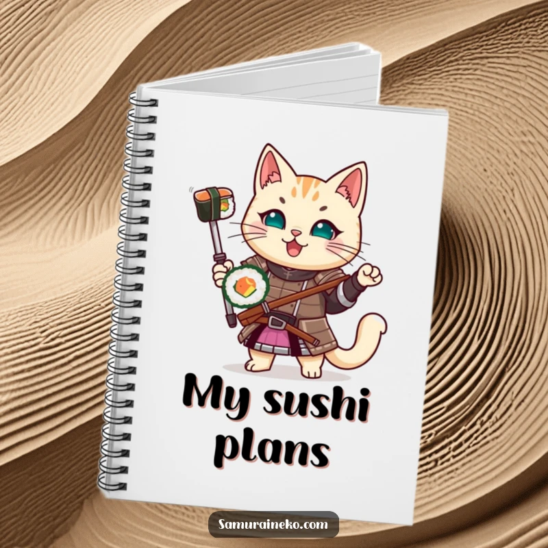 Funny Samurai Cat Notebook: A lined notebook with a cat in samurai armor holding a sushi roll, perfect for note-taking.