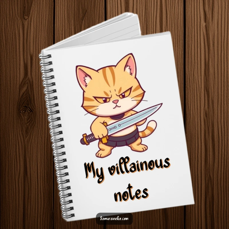 Funny notebook cover with a determined cat character sharpening a tiny sword, perfect for jotting down humorous thoughts.