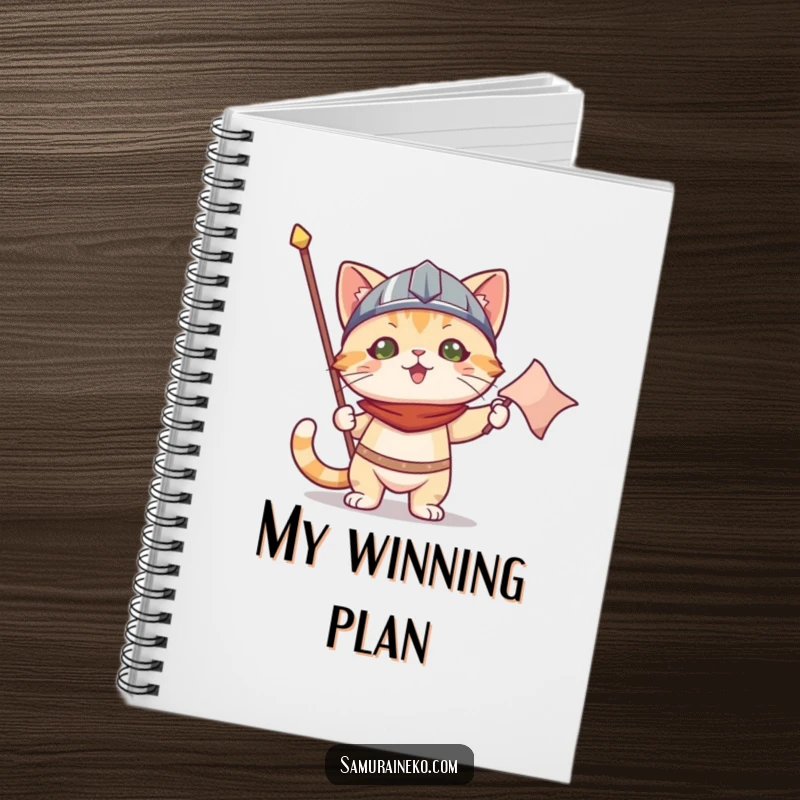 Funny notebook cover: a cat wearing a tiny helmet holds a victory banner, ideal for planning and jotting down ideas.