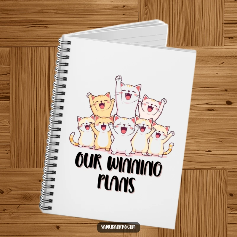 Funny notebook with a group of ecstatic cats celebrating a victory, ready for writing notes.