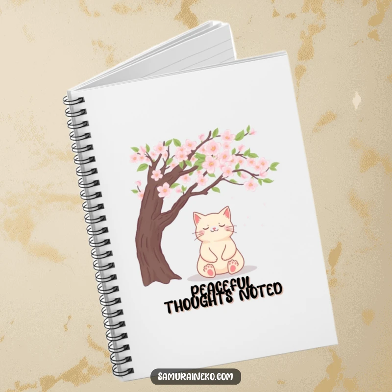 Funny cat notebook showing a cat meditating peacefully under a blossoming cherry blossom tree.
