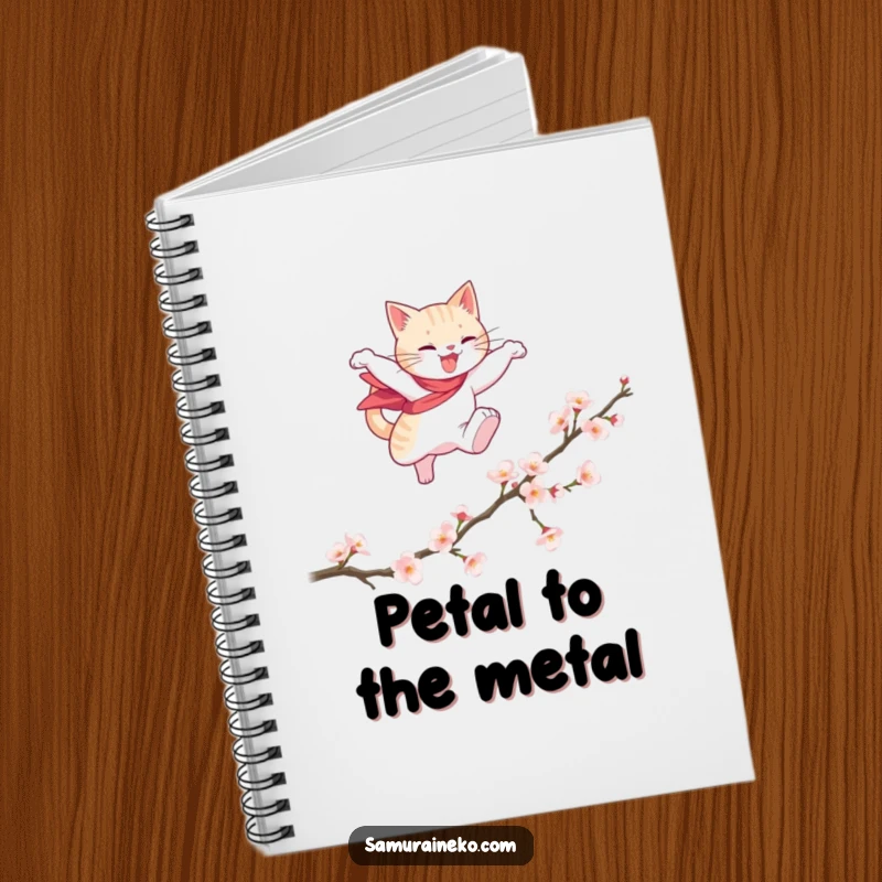 Funny notebook featuring a cat hero gracefully leaping over a fallen cherry blossom branch, ideal for jotting down elegant, funny thoughts.
