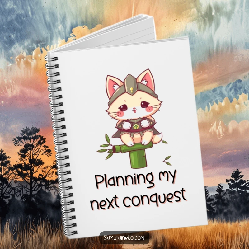 Funny Samurai Cat notebook with a fluffy armored cat balancing on a bamboo stalk, designed for capturing notes and inspiring a sense of humor.