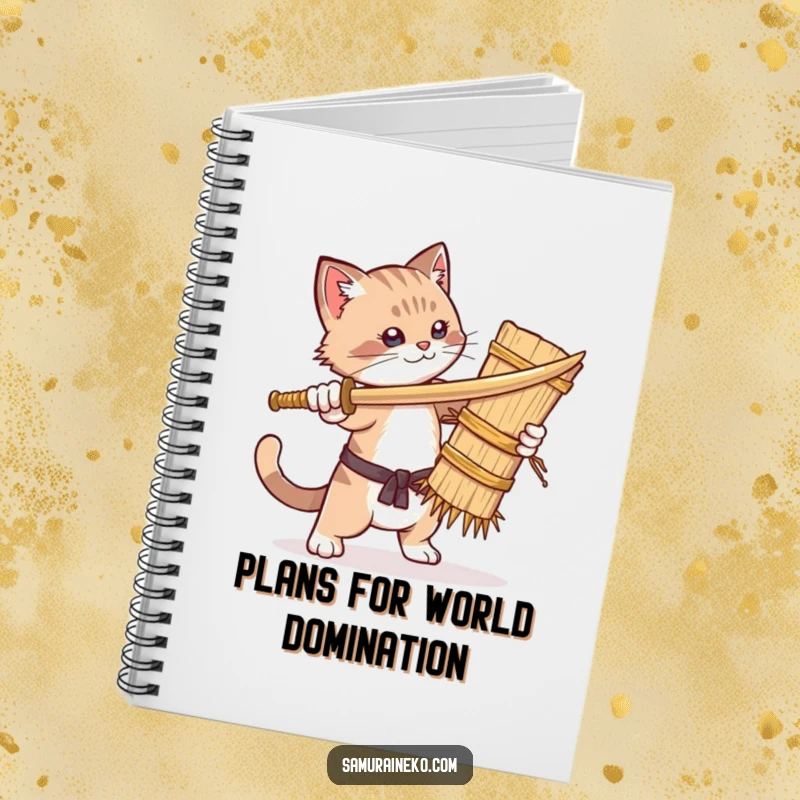 Funny notebook showcasing a cat in a humorous sword fight with a straw dummy, ideal for jotting down witty notes and ideas.