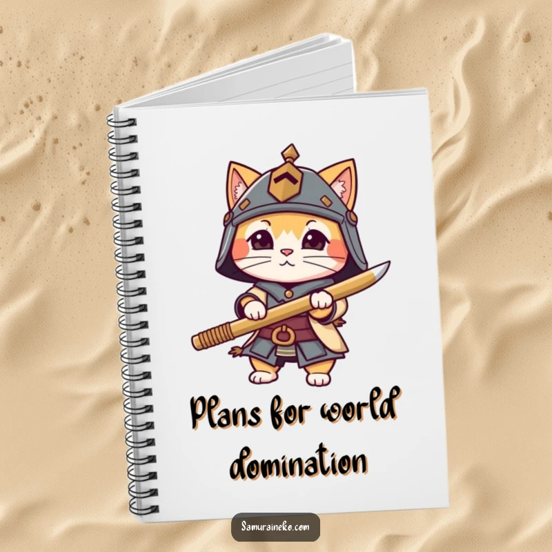 Funny cat character in a tiny helmet holding a bamboo sword, gracing the cover of a notebook for all your important notes.