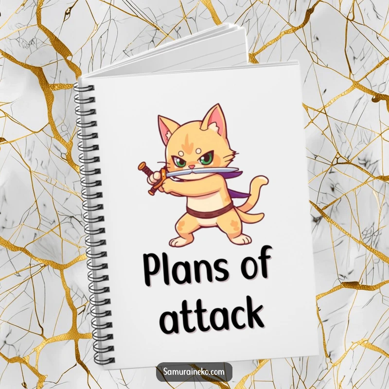 Funny notebook with a cat warrior holding a sword, ready for action, perfect for writing notes.