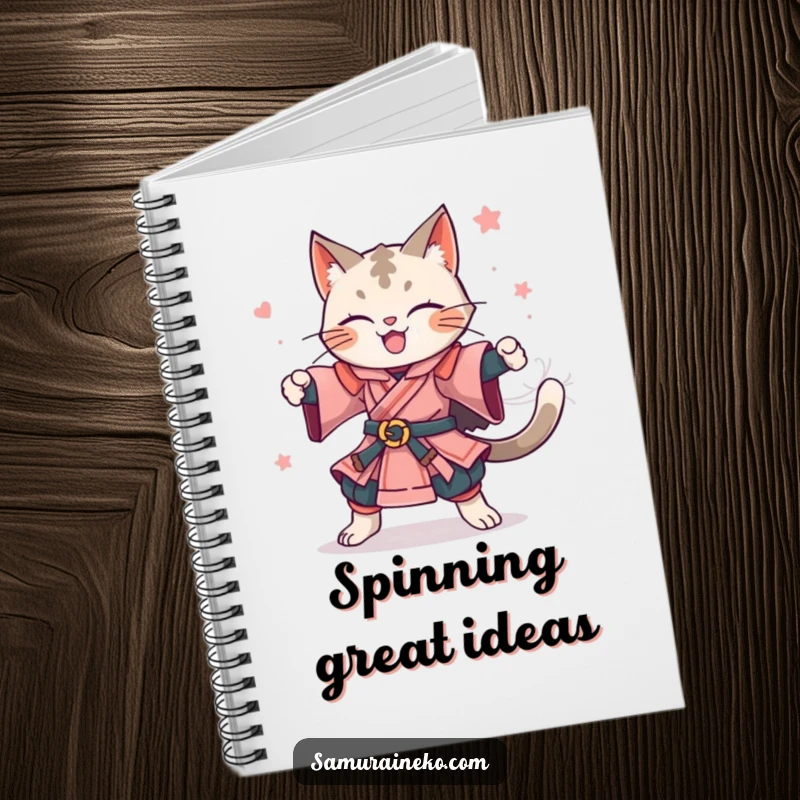 Funny notebook featuring a joyful feline samurai in a celebratory spin. A fun funny gift for note-taking.