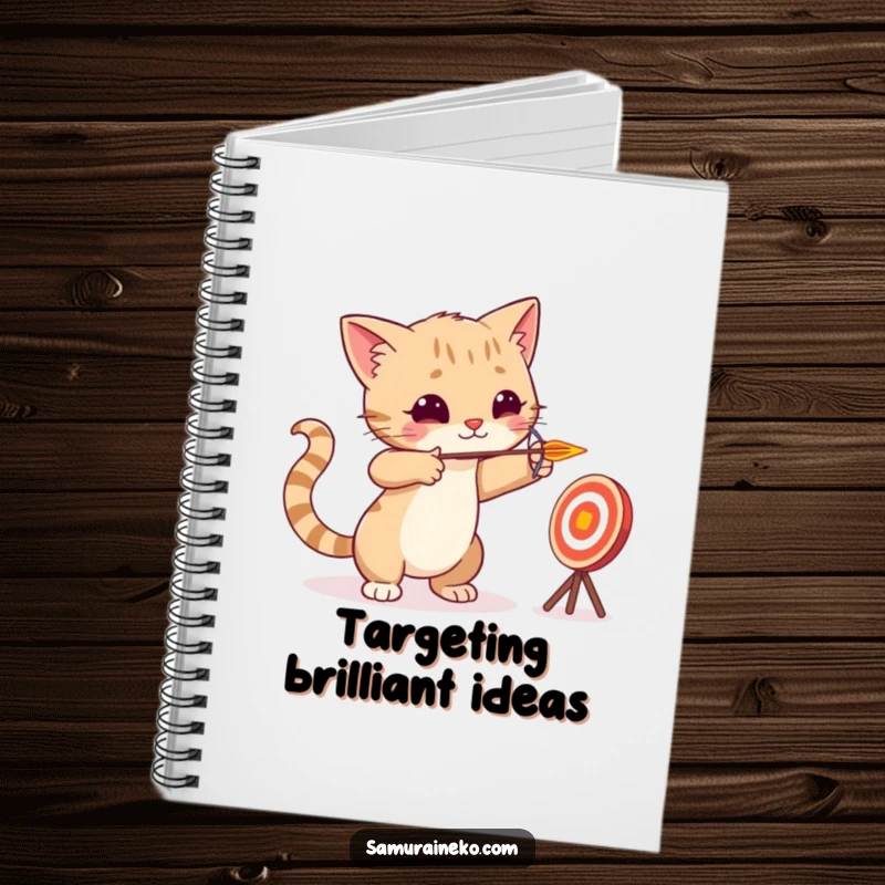 Funny cat archer aiming a tiny arrow at a playful target, gracing the cover of a notebook for all your important notes.