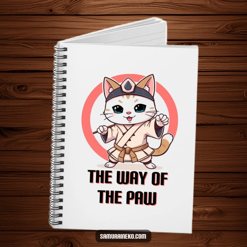 Funny Samurai Cat Notebook: A smiling cat in samurai gear, poised for writing martial arts notes, perfect for focused journaling.