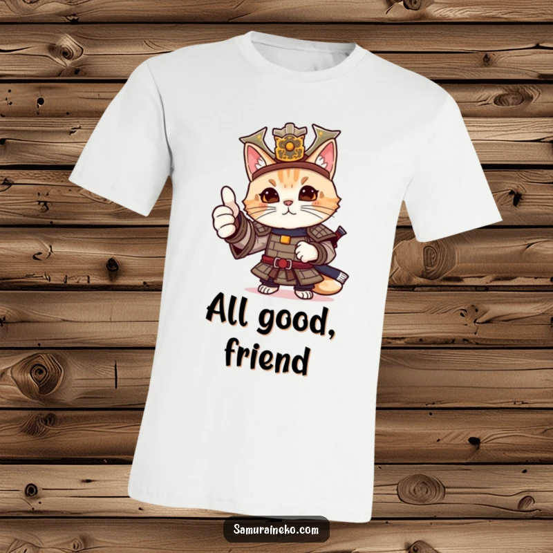 Funny cat samurai t-shirt of a feline warrior in detailed armor giving a friendly, enthusiastic thumbs-up.