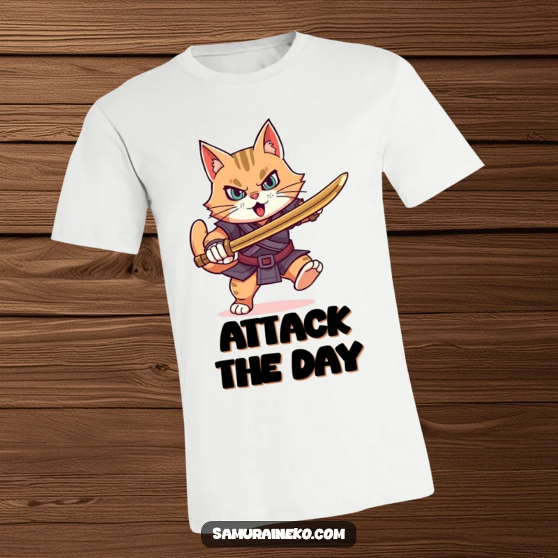 Funny determined cat warrior charging forward, brandishing a bamboo sword, conveying bravery and unstoppable energy.
