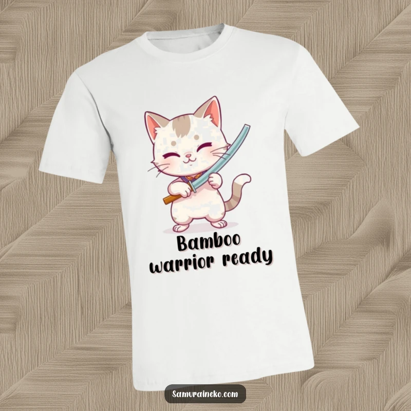 Funny t-shirt depicting a cat intensely brandishing a small bamboo sword, showcasing playful energy and focus.