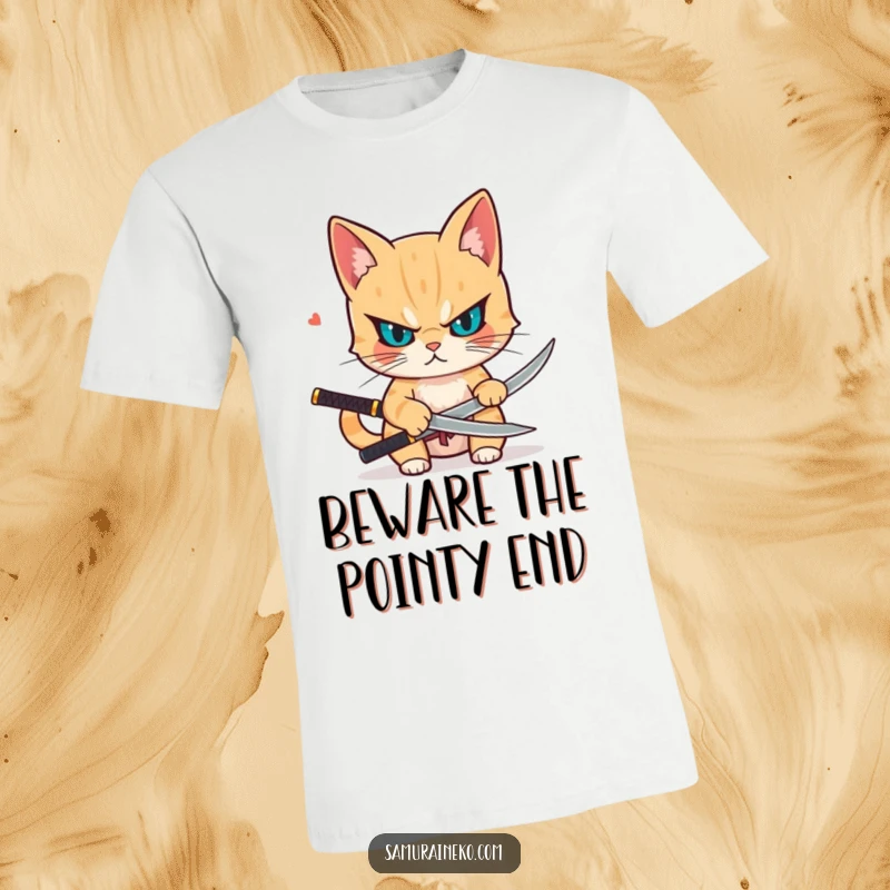 Funny t-shirt showing a determined cat drawing a small katana, ready to face any challenge with sharp focus and playful spirit.