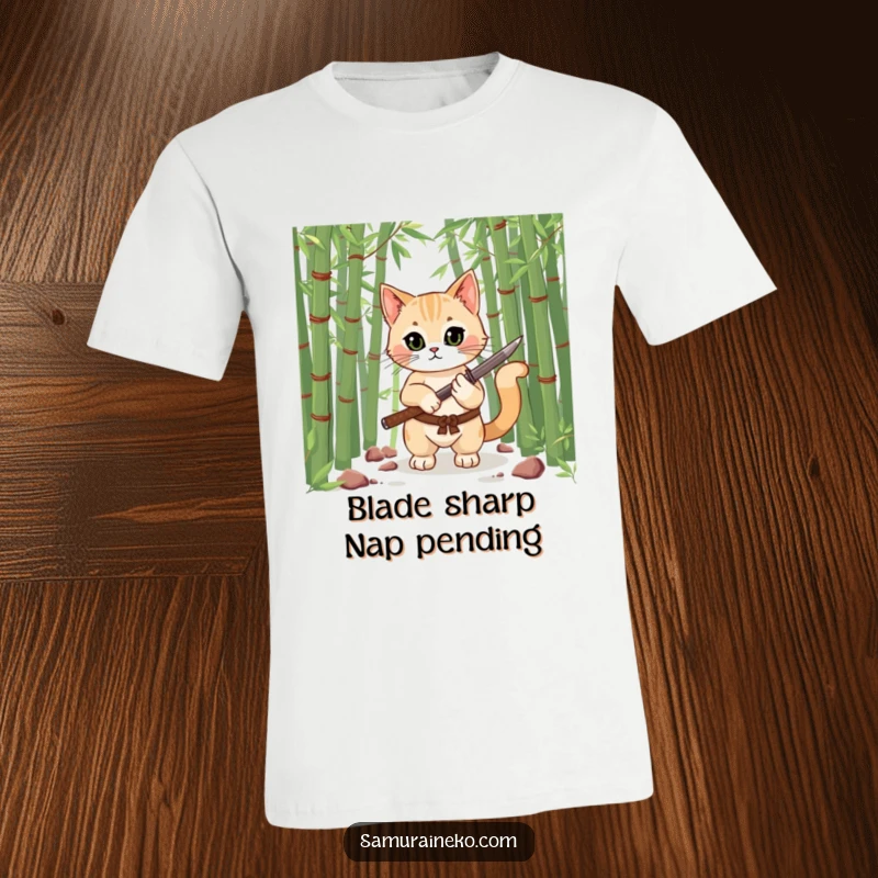 Funny t-shirt of a stealthy cat in a bamboo forest, holding a tiny katana, looking fierce yet adorable, a hilarious gift idea.