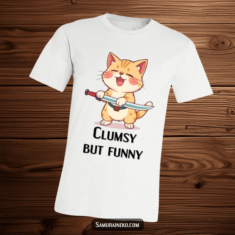 Funny Cat Laughing Sword T-Shirt showing a cat hilariously rolling with laughter after a clumsy, playful sword swing, celebrating minor fails.