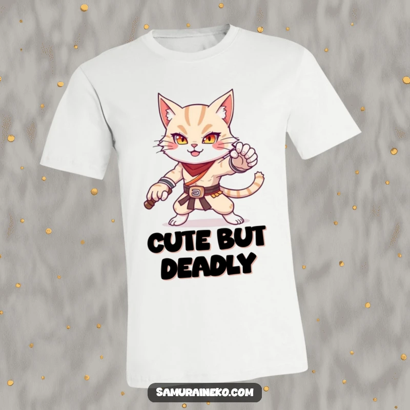 Funny t-shirt depicting a cat warrior striking a powerful and adorable pose, a humorous and empowering feline graphic.