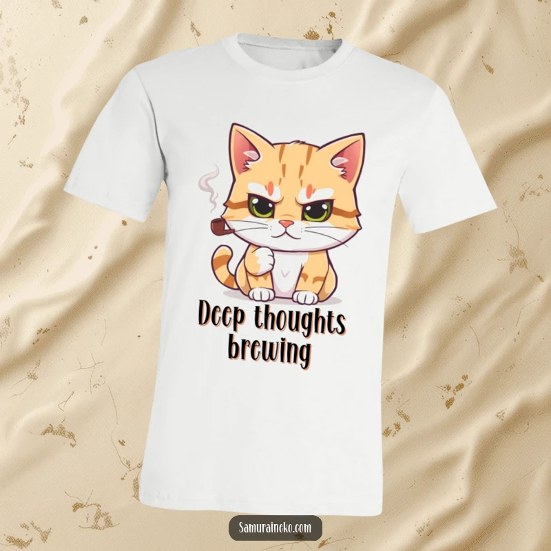 Funny t-shirt featuring a cat with a determined gaze, holding a tiny smoking pipe, showcasing intellect and humor.