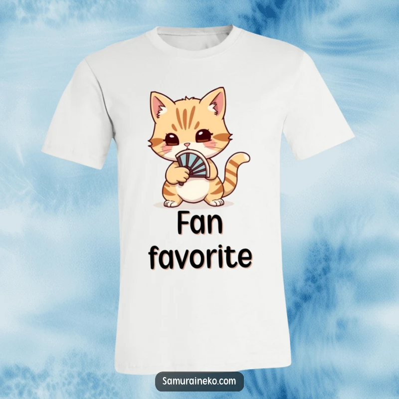 Funny cat warrior holding a small, decorative battle fan, ready for a lighthearted and whimsical duel on a t-shirt.