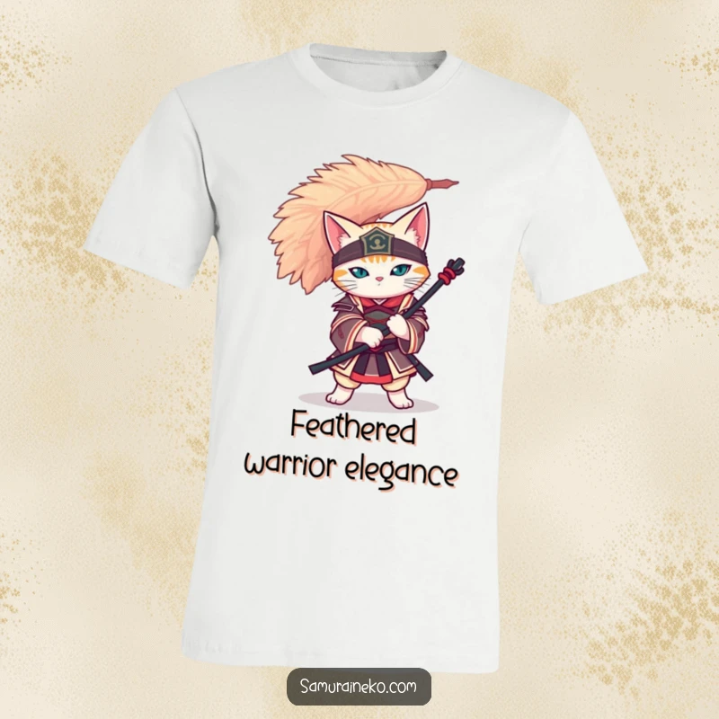 Funny cat samurai in a balanced pose, with a large feather atop its head, printed on a comfortable and stylish t-shirt.