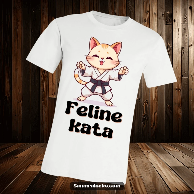 Funny Karate Cat T-Shirt: A cat in martial arts poses with a wagging tail, exuding focus and cheerful energy.