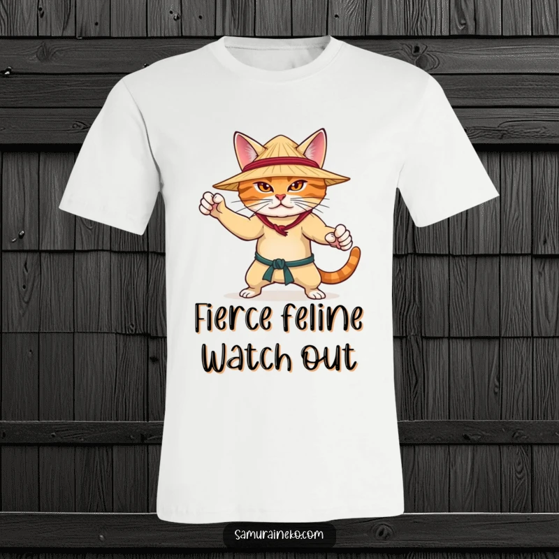 Funny t-shirt showing a determined cat in a martial arts stance, wearing a straw hat, ready to defend with humor and skill.