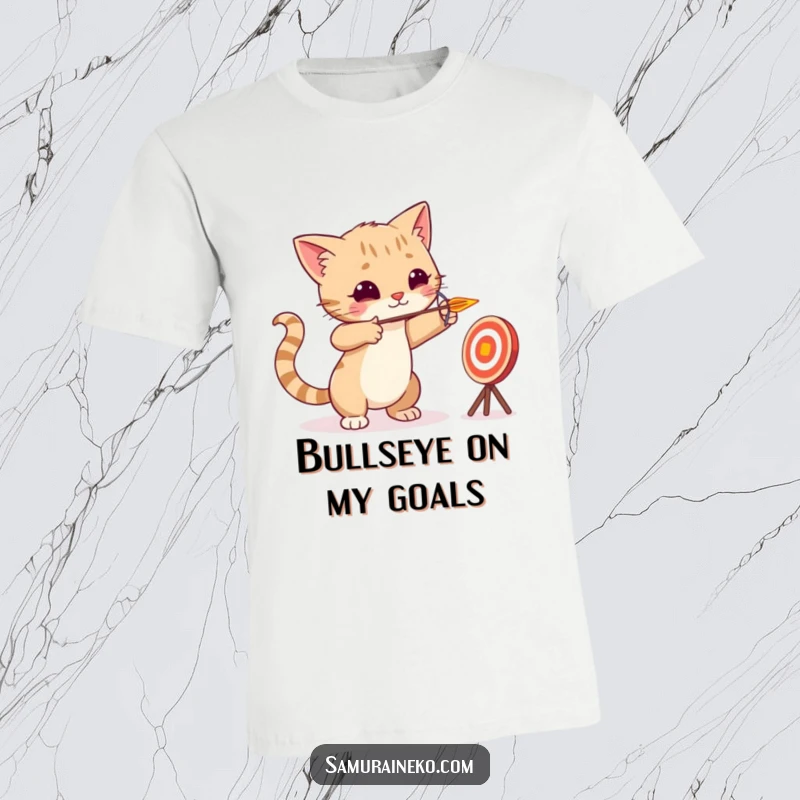 Funny cat archer in mid-aim with a tiny arrow pointed at a fun target, printed on a comfortable and stylish t-shirt.