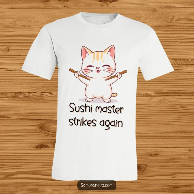Funny Cat T-Shirt: A smiling cat holds two small chopsticks like swords, looking fierce and funny.