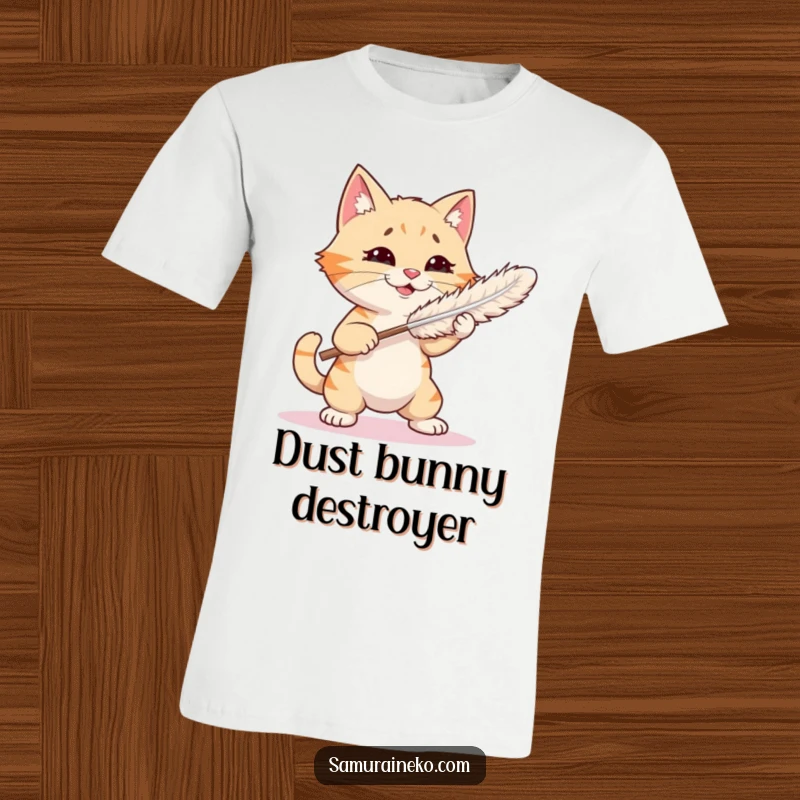 Funny t-shirt featuring a cat in a comical, playful sparring match with a feather duster, embodying funny, energetic chaos.