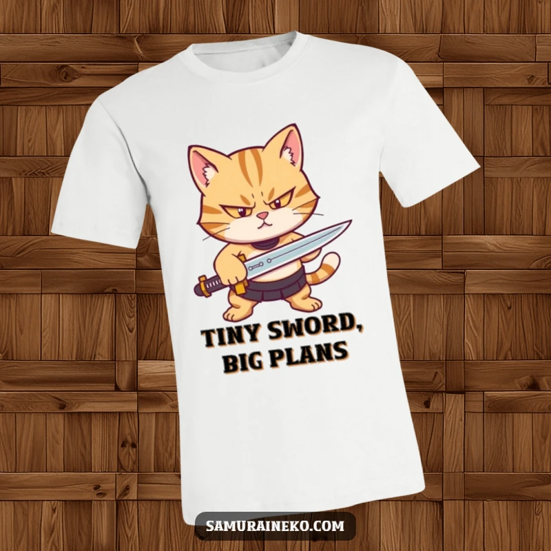 Funny t-shirt with a determined cat character squinting and sharpening a tiny sword, exuding focused warrior energy.