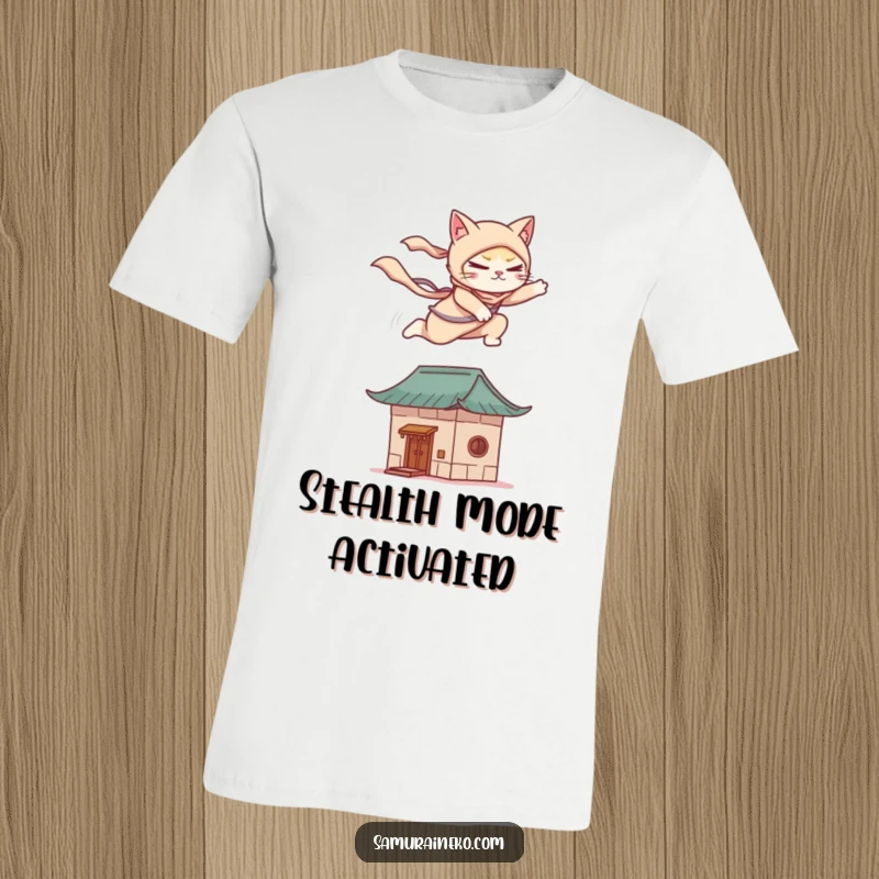 Funny t-shirt of a cat ninja gracefully leaping onto a stylized rooftop, a humorous and agile feline design.