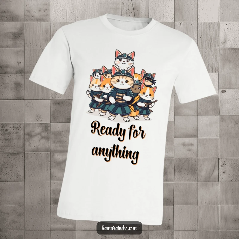 Funny cat samurai t-shirt depicting a team of cats in diverse samurai poses, geared up for playful action.