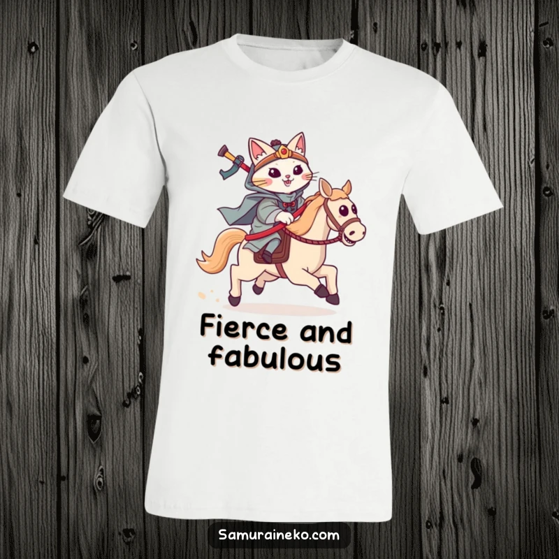 Funny cat samurai t-shirt of a feline warrior riding a hobby horse, charging forward with gleeful excitement.
