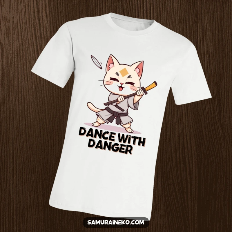 Funny cat samurai character in a dynamic pose, joyfully evading a shuriken, showcasing agility and humor.