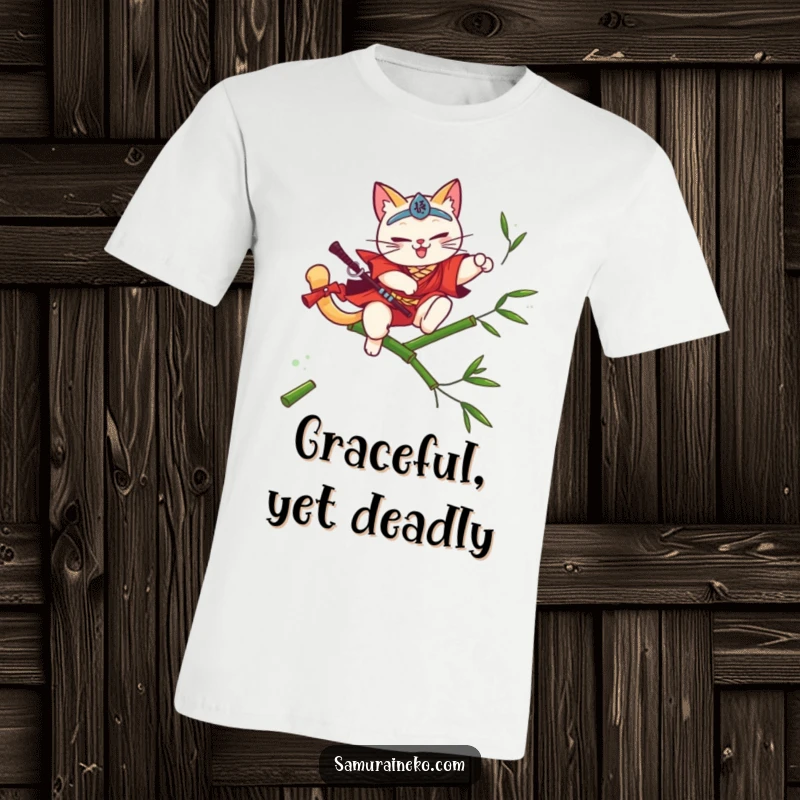 Funny cat samurai leaping over a bamboo stalk with a flourish, agile and skilled, ideal funny gift.