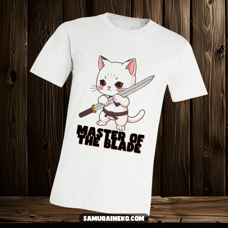 Funny cat character dramatically sheathing a minuscule katana with pride on a t-shirt, showcasing martial arts humor.