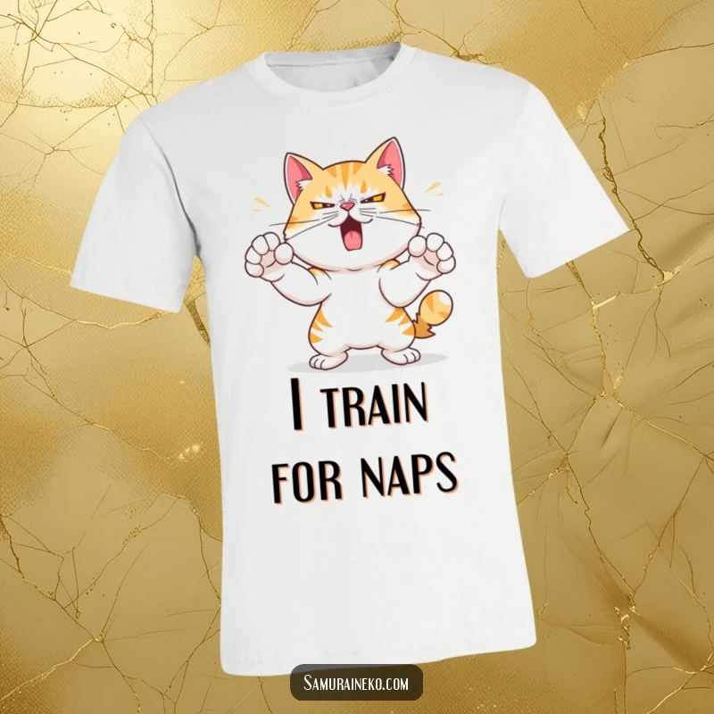 Funny t-shirt depicting a mischievous cat with a determined look, executing lightning-fast paw strikes with intense focus.