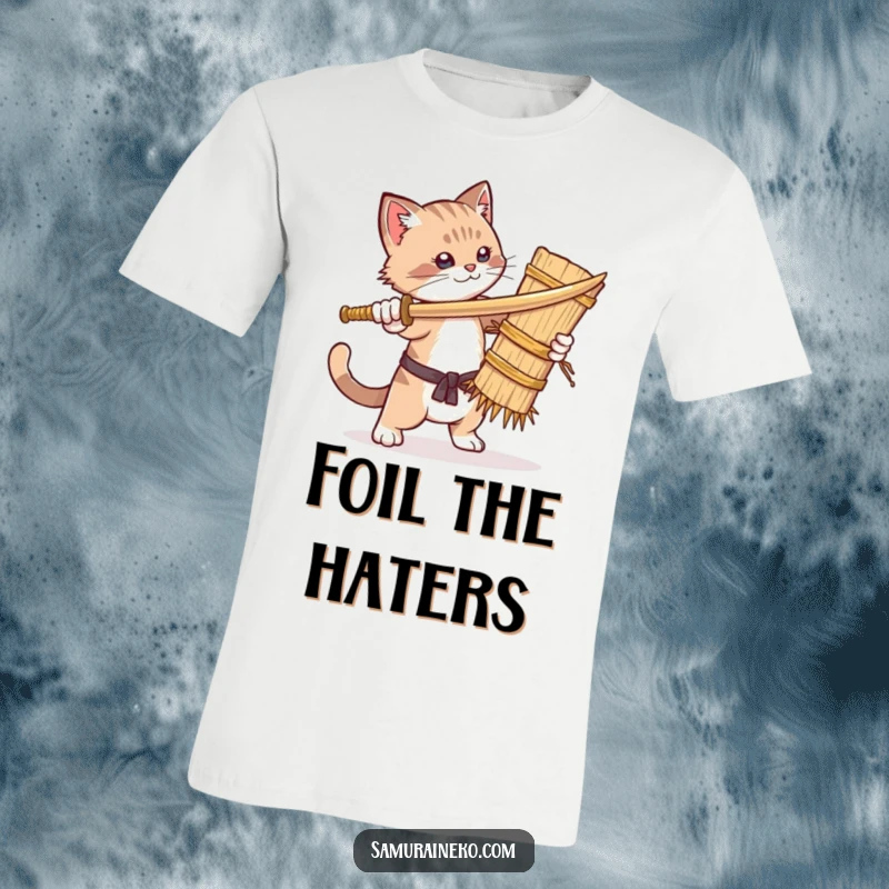 Funny t-shirt featuring a cat engaged in a humorous sword fight against a straw dummy, capturing a moment of pure comedic action.