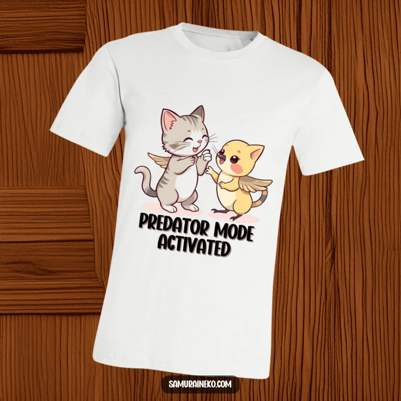 Funny t-shirt design: A determined cat leaps towards a startled, fluttering sparrow in a hilarious, action-packed animal interaction.