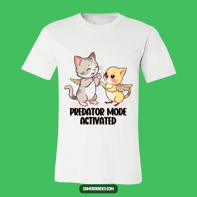 Funny Cat vs Sparrow T-Shirt: Comical Animal Showdown Tee for Laughs