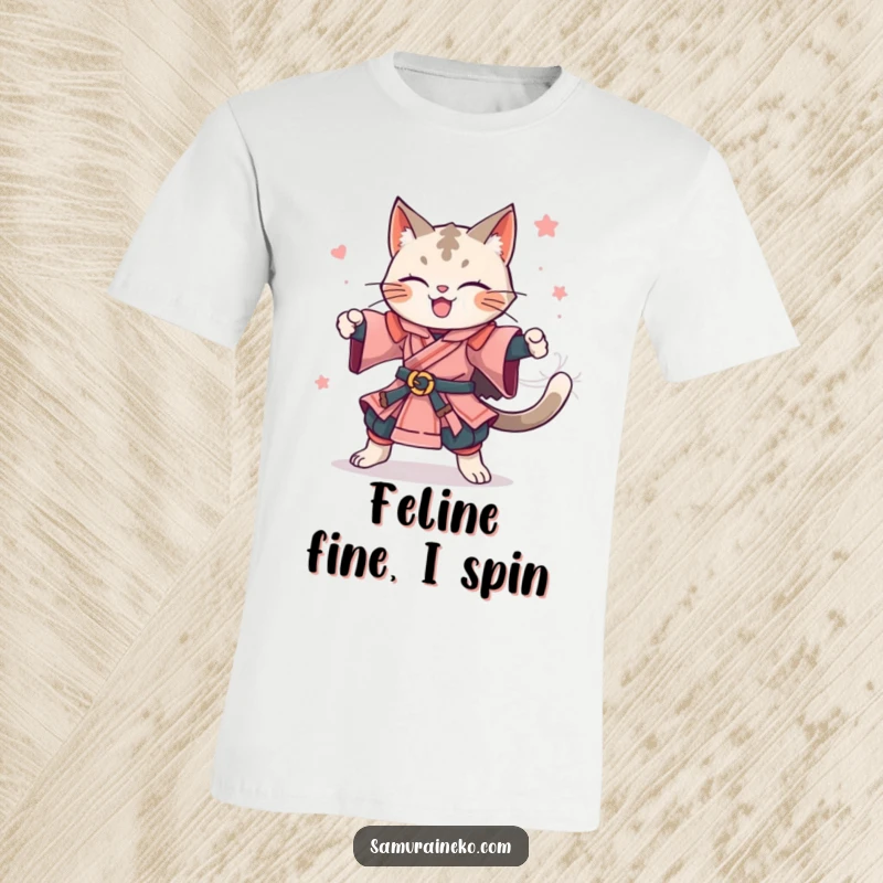 Funny t-shirt featuring a happy feline samurai in a dynamic celebratory spin. Ideal for a joyful funny gift.