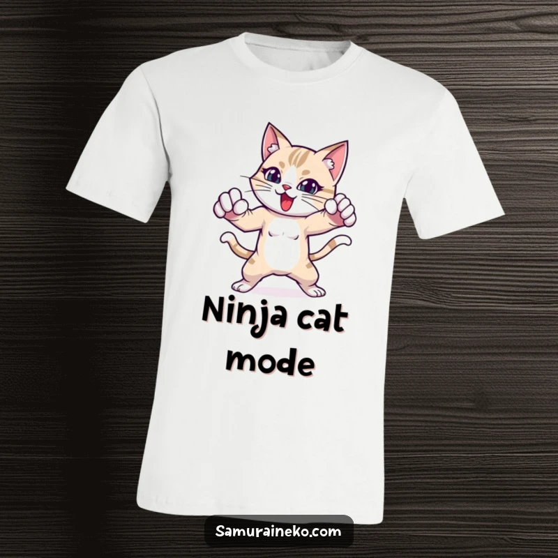Funny t-shirt featuring a cat in a dynamic, playful fighting pose, exuding energy.